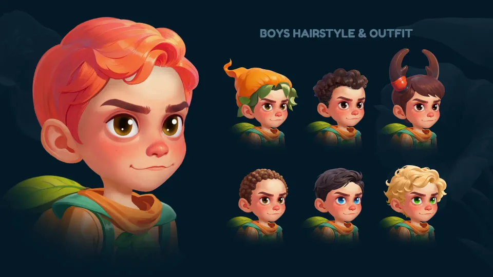 boy character hairstyles spelling game customization options