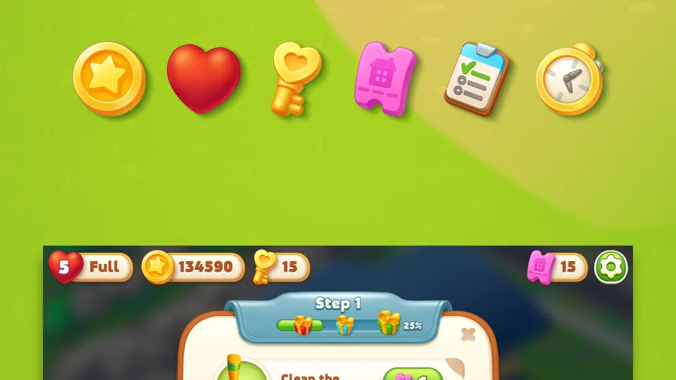 game UI icons with coins heart key and items