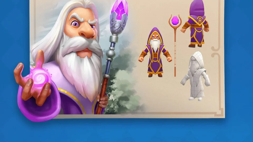 Puzzle Fight mage character design and outfit variations