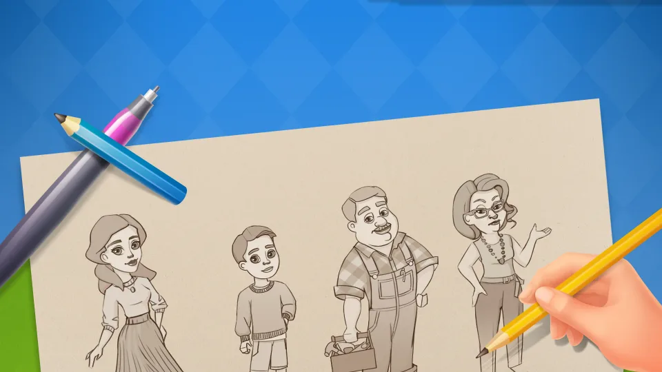 Home Surprise game character concept art being drawn on paper