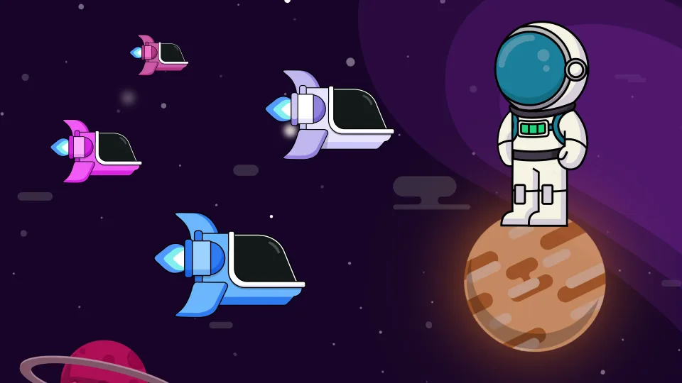 Animation frame: spaceship launching into deep space