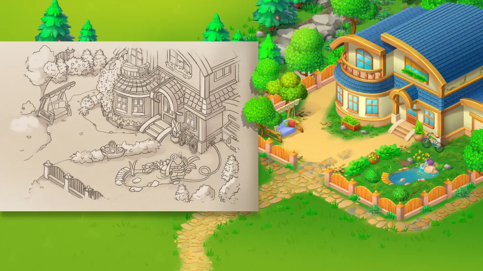 Home Surprise house design concept sketch and finished game environment
