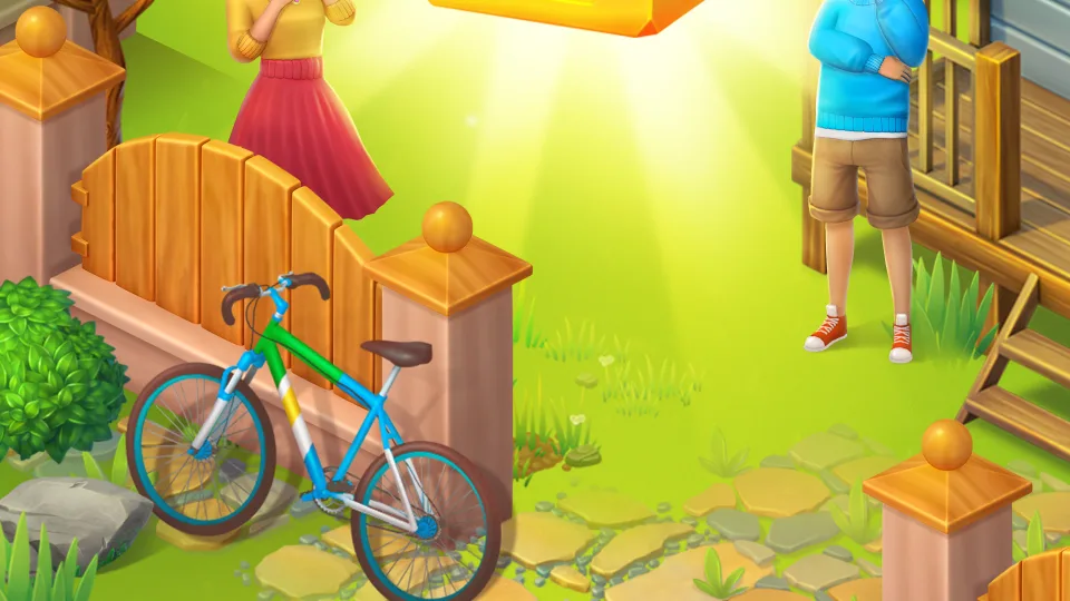 3D outdoor yard scene with bicycle and characters