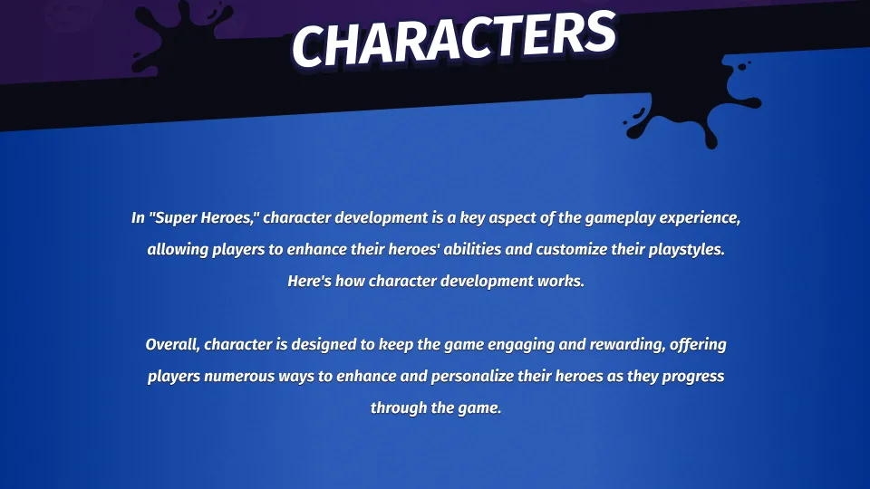 Super Heroes characters screen with gameplay description