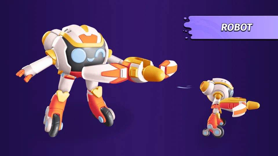 Futuristic white and orange robot brawler character concept.