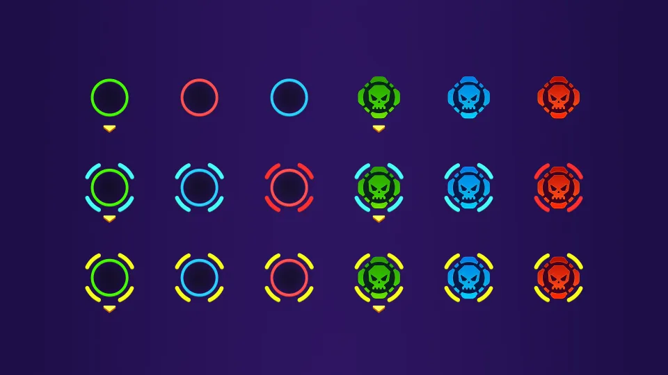 Grid of colorful combat UI markers and skull icons.