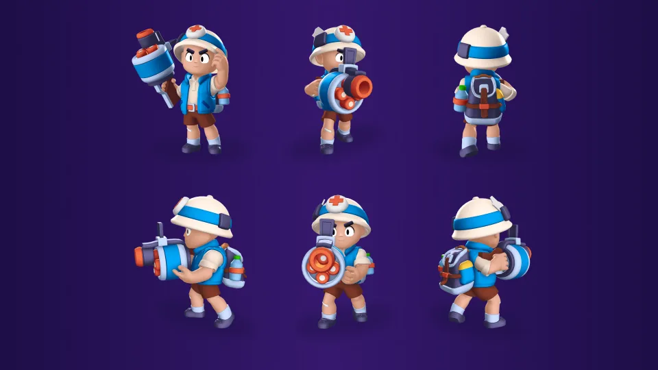 Multiple 3D angles of the Bomber brawler character and his healing turret.