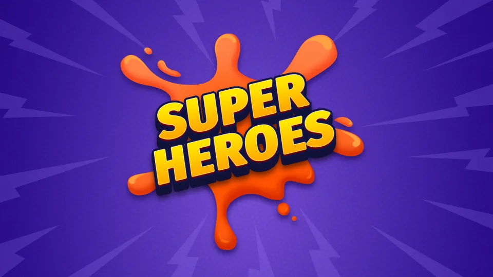 Super Heroes title text on purple splash background