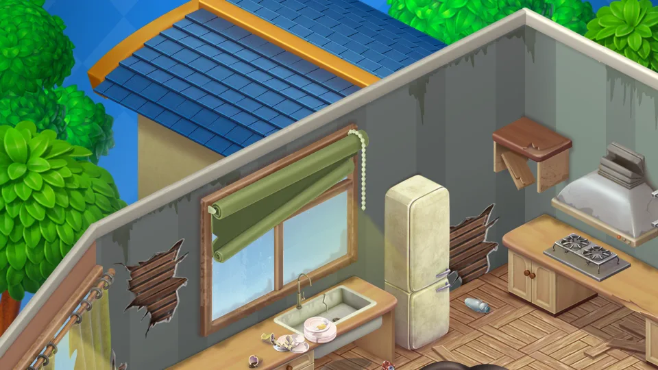 old kitchen interior with damaged walls and furniture