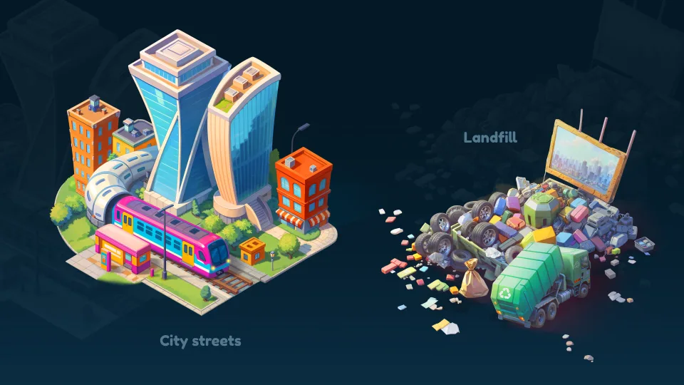 Stylized 3D environment assets with buildings and terrain for game