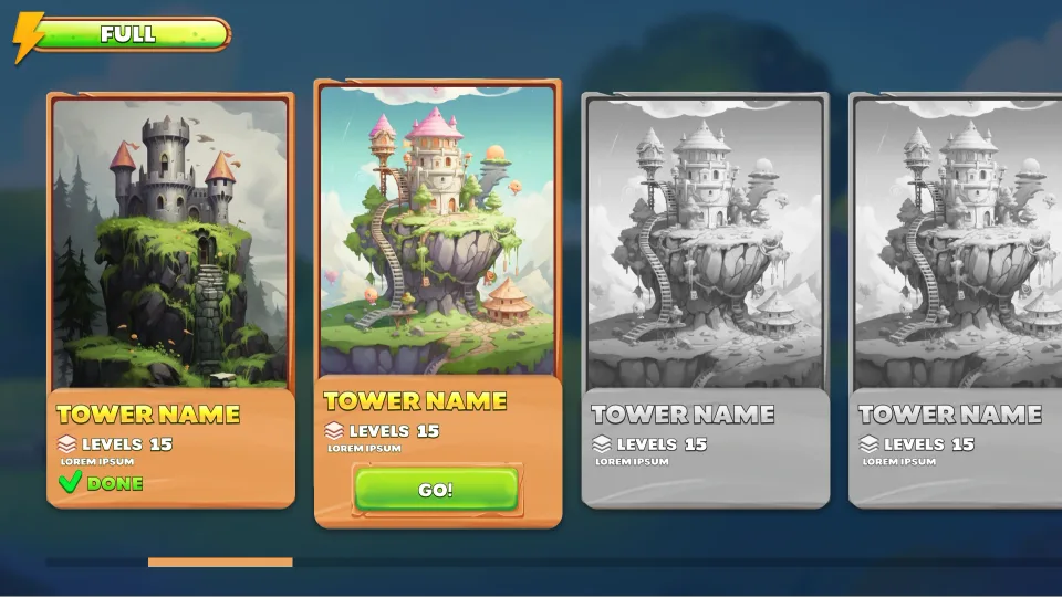 Game tower selection screen with levels and unlock options