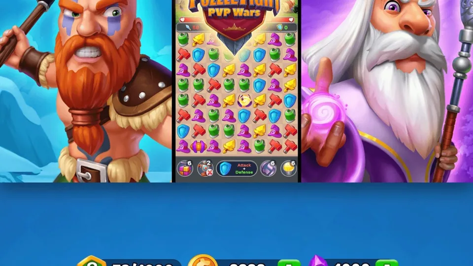 Fantasy puzzle game featuring a barbarian, wizard, and match-three gameplay.