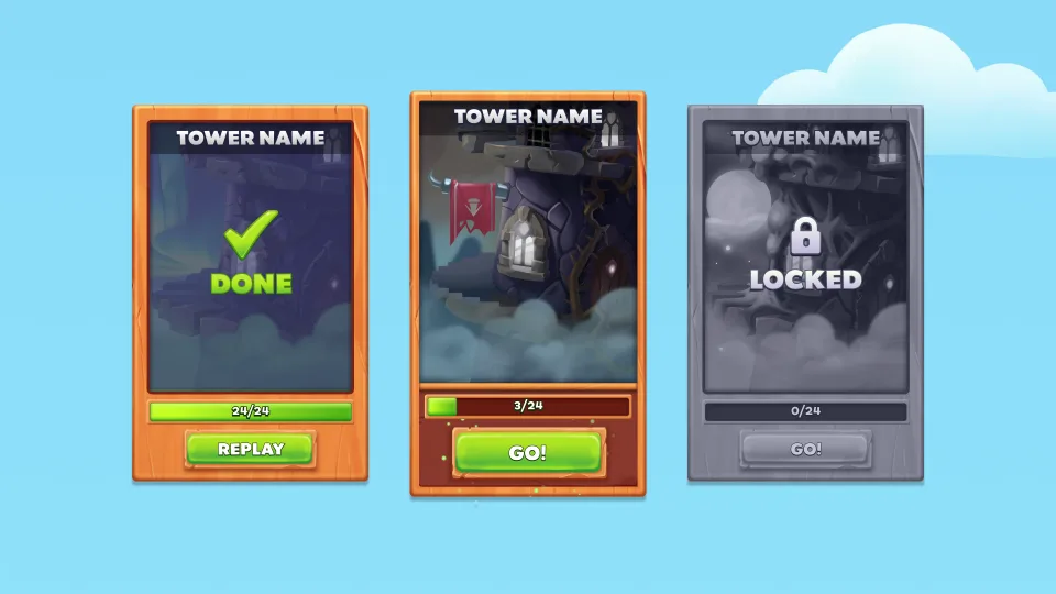 Game tower progress cards showing done active and locked