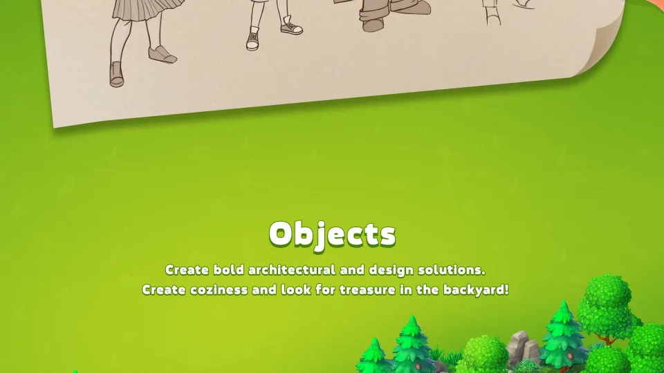 Home Surprise game objects featuring architectural design and backyard treasures
