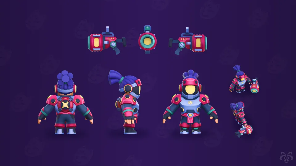 Game character design sheet with poses and equipment
