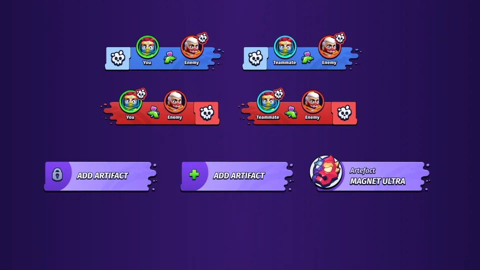 Mobile game UI assets for combat kill feeds and artifact equipment slots.