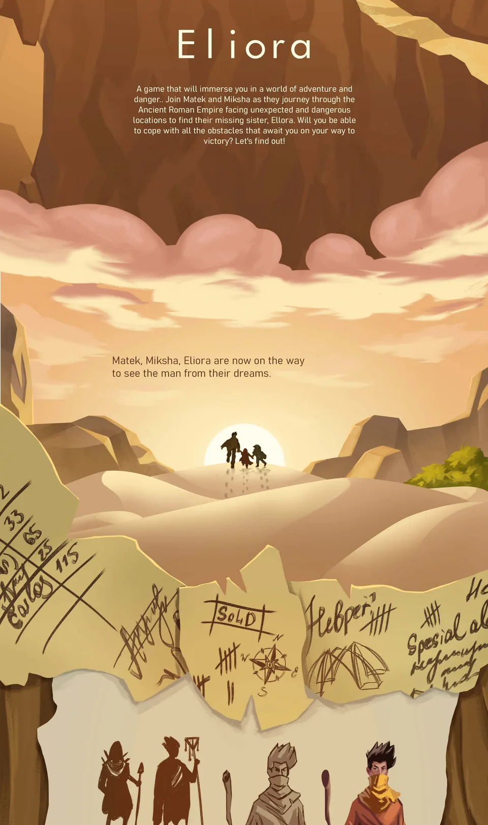 Eliora game story scene with desert journey