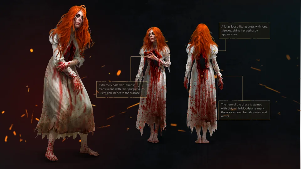 Character design sheet of the Banshee enemy showing front and back views with annotated visual details for the Undeads project.