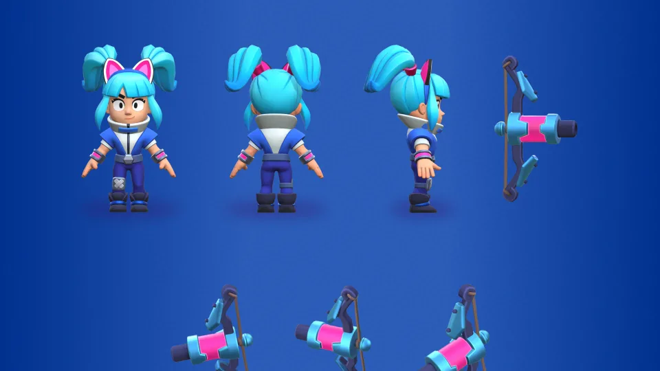 Archer character model sheet with poses and weapon views