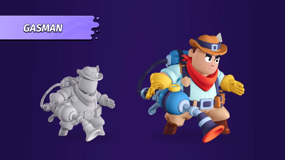 Character concept and 3D sculpt for Gasman brawler in Brawl Stars.