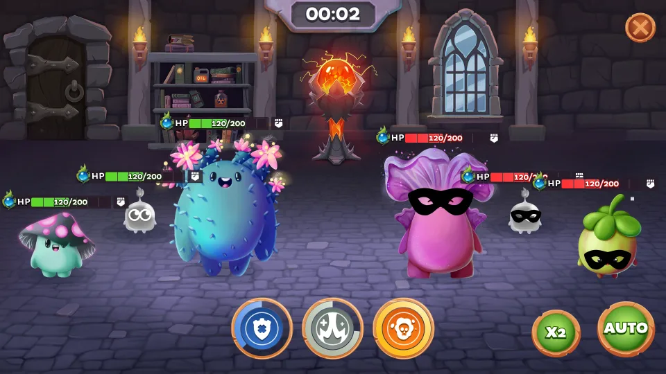 Game battle scene with characters abilities and combat interface