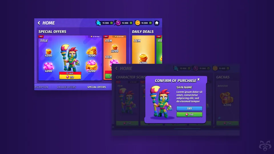 Mobile game store interface showing special offers and a purchase confirmation pop-up.