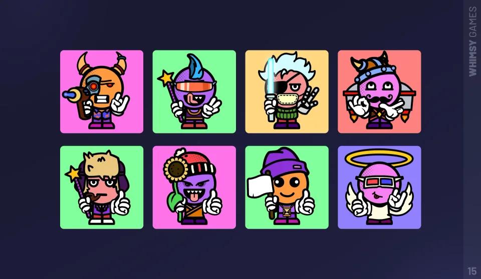 pixel art character icons with colorful backgrounds