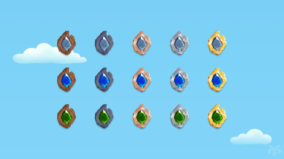 Game collectible gems icons with different colors and tiers
