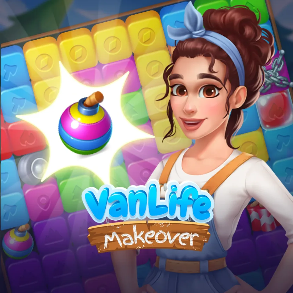 Colorful VanLife Makeover puzzle game screen with character.