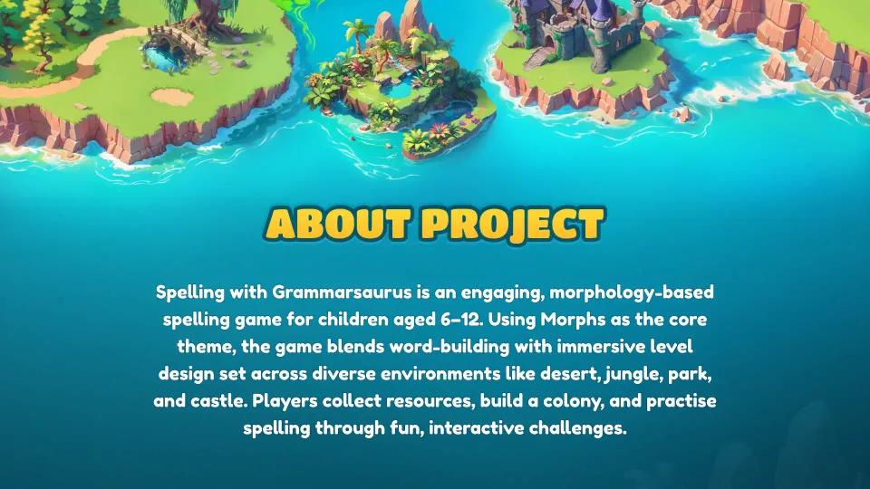 Spelling game location introduction screen with UI elements