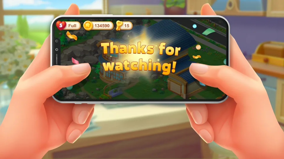 mobile game screen with thanks for watching message