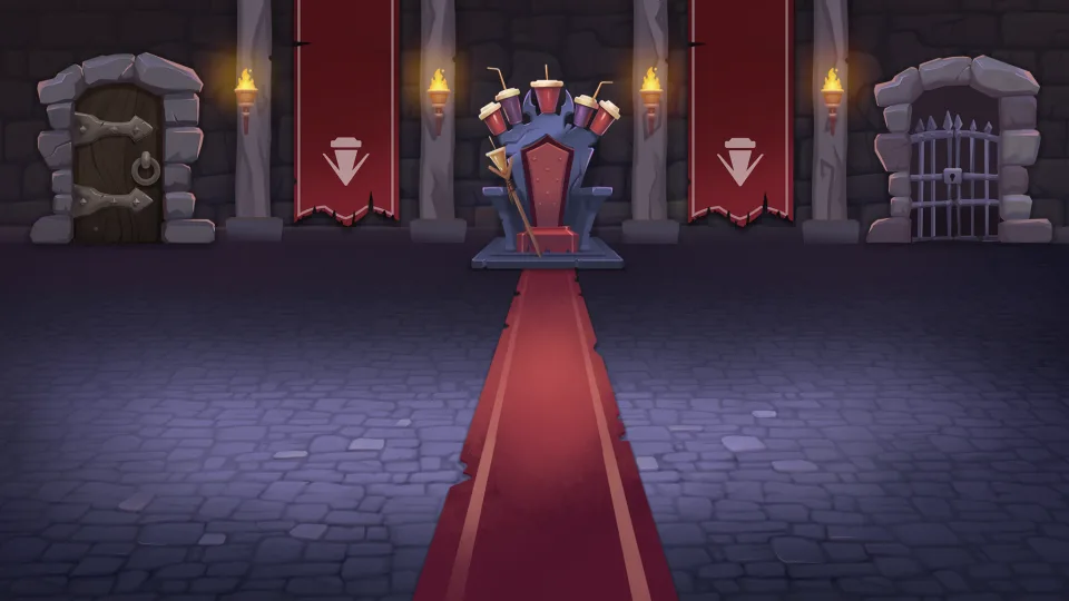 Game throne room with red carpet and royal chair