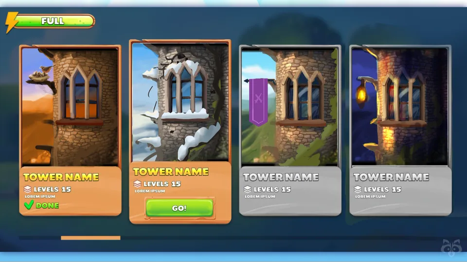 Game tower selection menu with levels and unlocked stages
