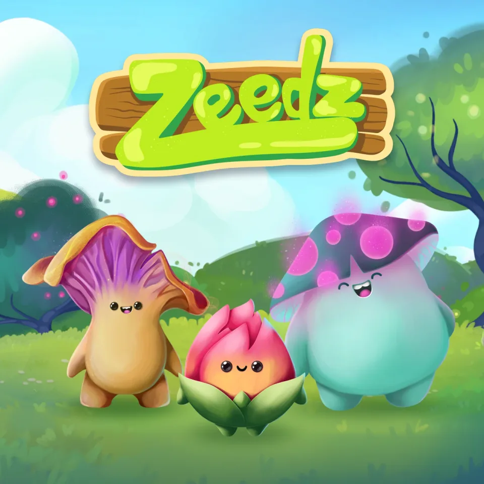 Zeedz game characters with cute forest creatures and logo