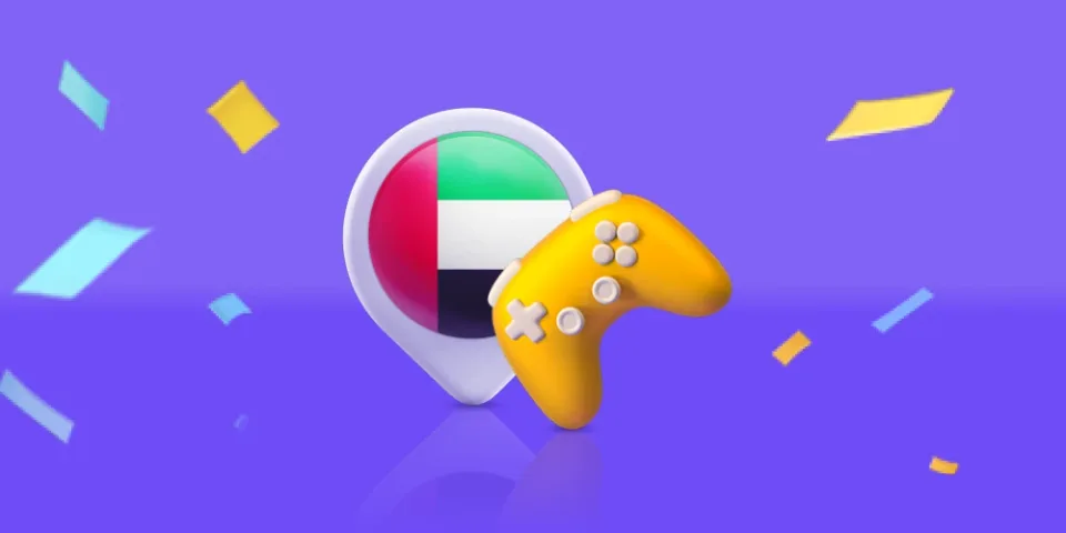 Colorful 3D game controller illustration with floating geometric shapes on a purple background