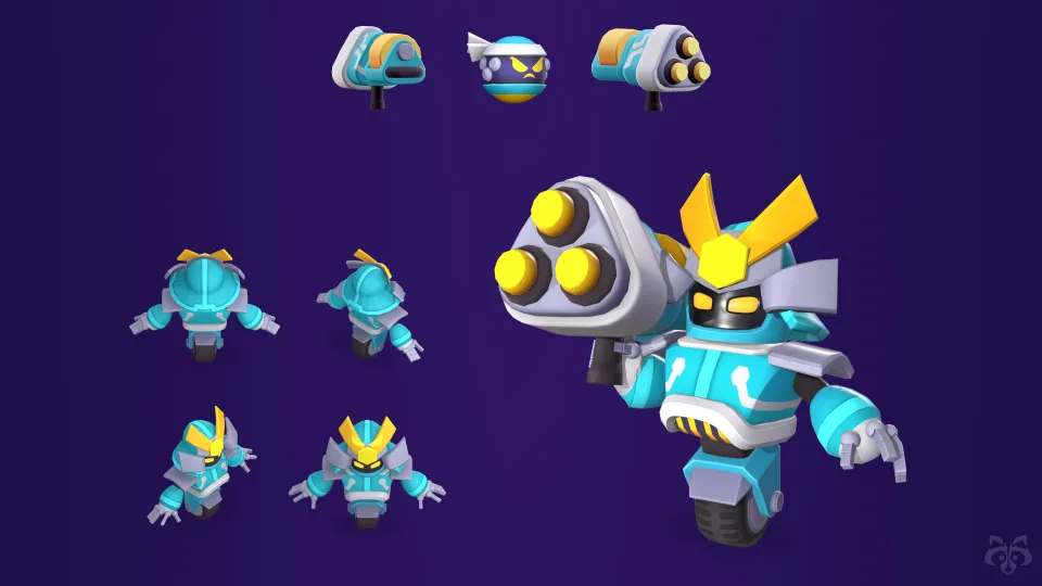 3D modeling stages of a cyan samurai robot character.