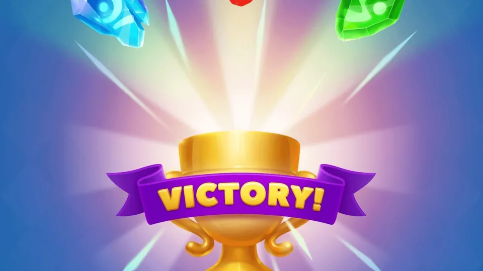 Golden victory trophy with crystals in a mobile puzzle game interface.