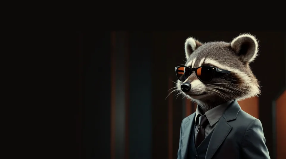 Whimsy Games raccoon mascot in a suit