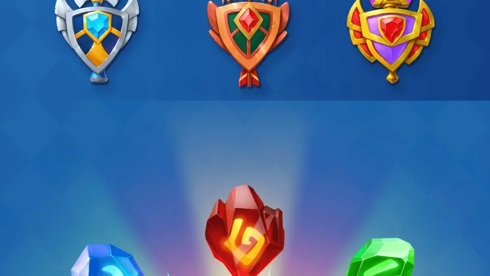 Fantasy game ranks and glowing runic gems for match-three combat.