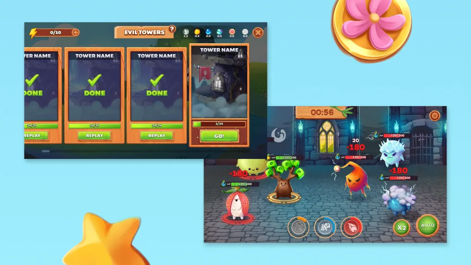 Game tower selection and battle gameplay interface screens