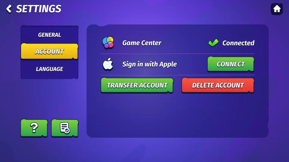 Mobile game settings menu showing account connection and management options.