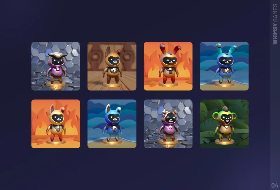 cartoon character icons with themed environments set