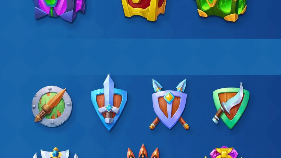 Collection of fantasy game loot chests and weapon shield icons.