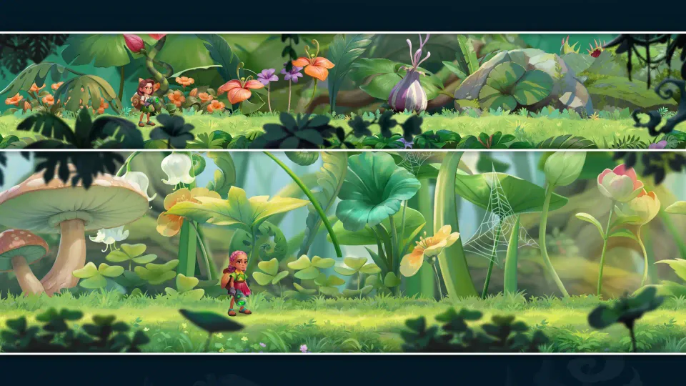 2D side-view game location with layered environment design
