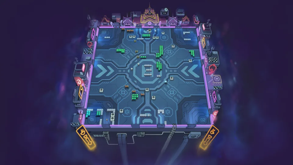 Overhead view of a futuristic neon Brawl Stars map.