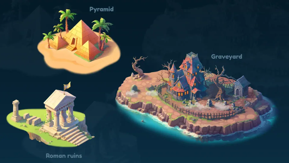 stylized island environment with buildings and terrain elements