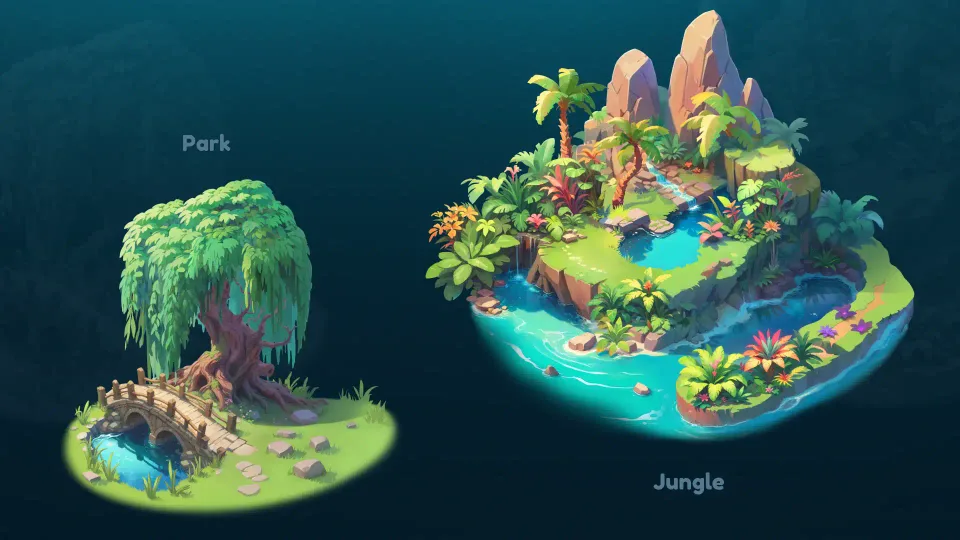 Isometric island location in spelling game with stylized design