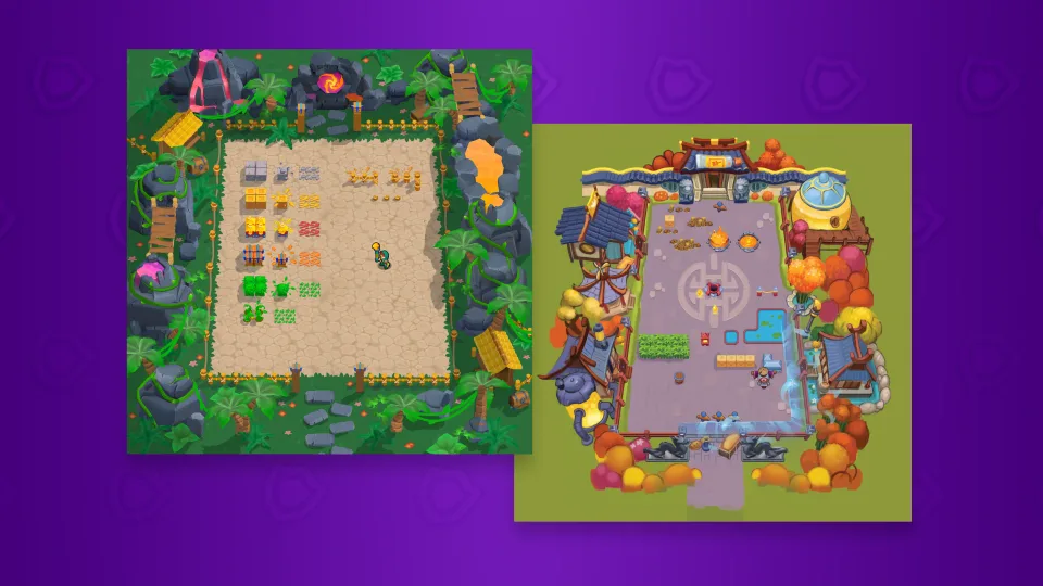 Comparison of two different Brawl Stars map environment designs.