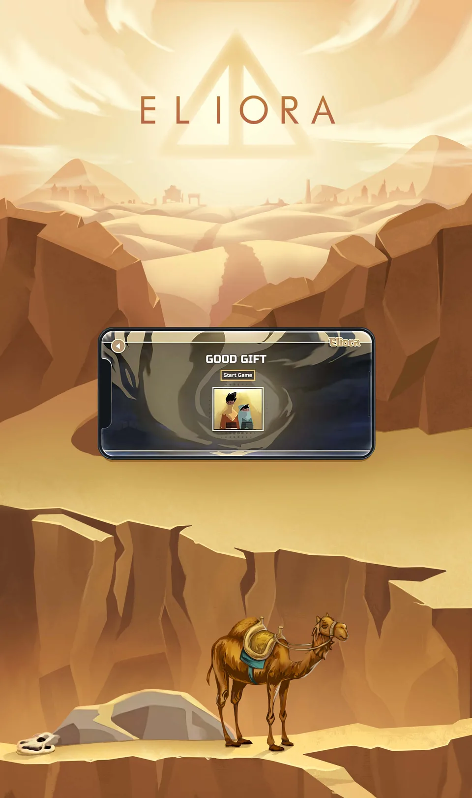 Eliora game desert level with camel and UI