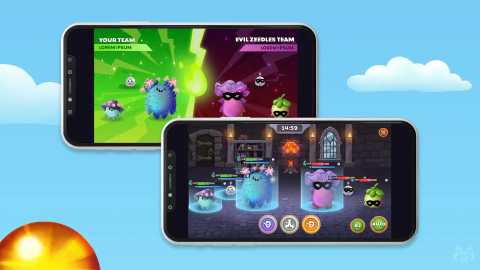Zeedz mobile gameplay screens showing battles and team modes